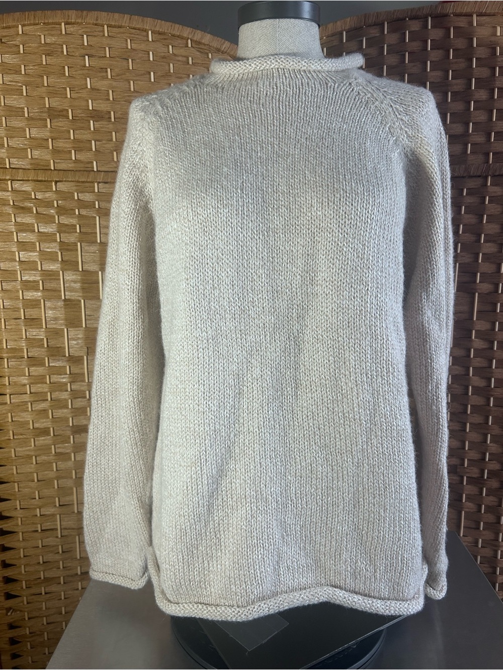 Handmade 100% Alpaca Oatmeal Knit Roll Neck Sweater Peru Sz L